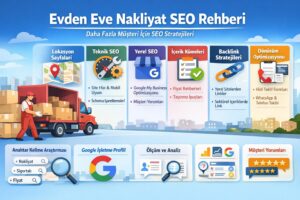 Evden eve nakliyat firmaları için SEO infografiği: lokasyon sayfaları, teknik SEO, yerel SEO, içerik kümeleri, backlink ve dönüşüm
