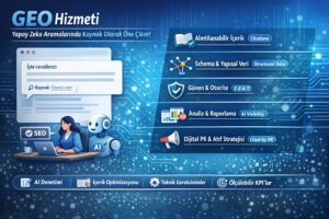 GEO hizmeti görseli: alıntılanabilir içerik, schema yapılandırılmış veri, E-E-A-T güven ve otorite, AI görünürlüğü analizi ve dijital PR adımları