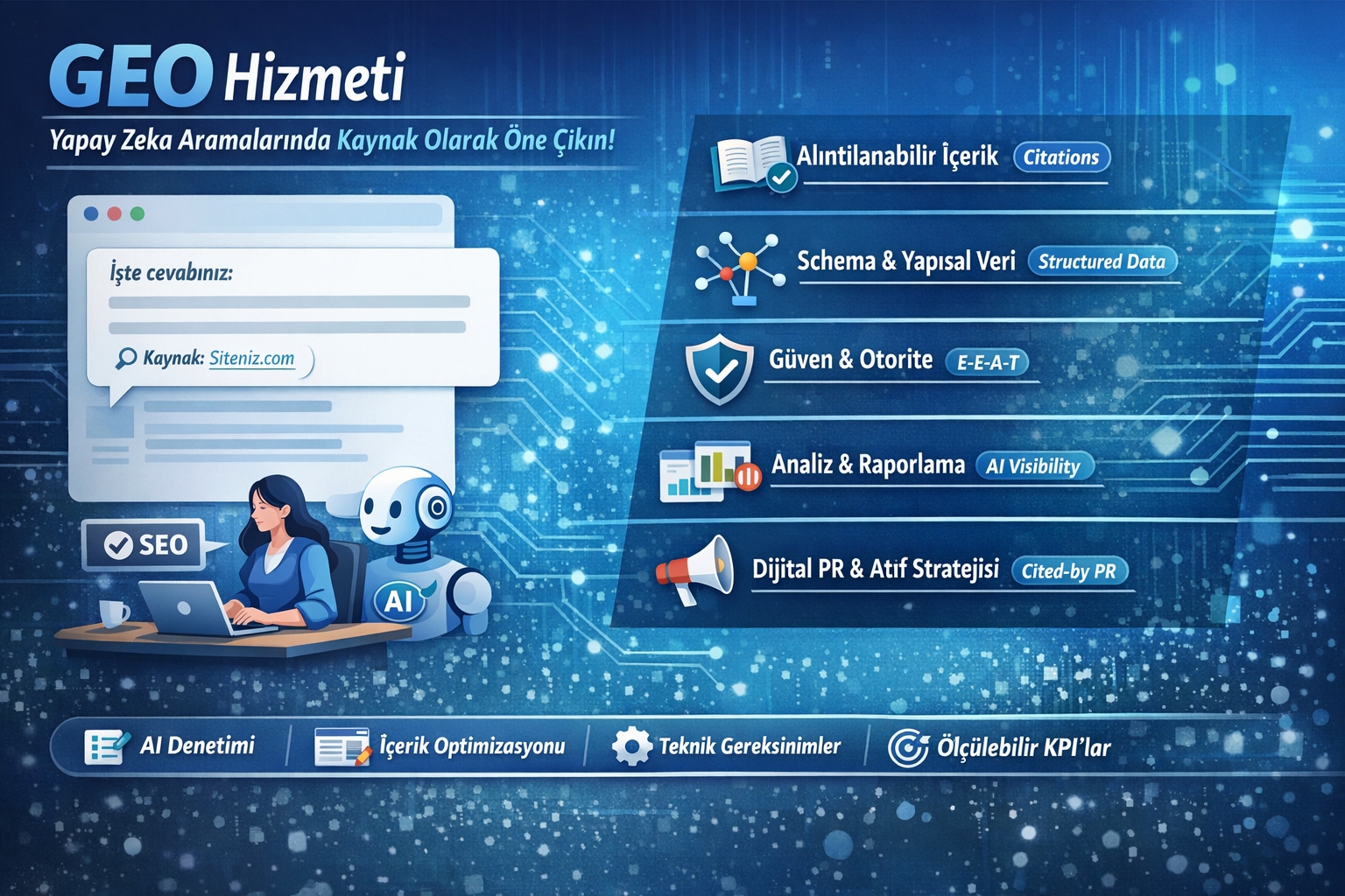 GEO hizmeti görseli: alıntılanabilir içerik, schema yapılandırılmış veri, E-E-A-T güven ve otorite, AI görünürlüğü analizi ve dijital PR adımları