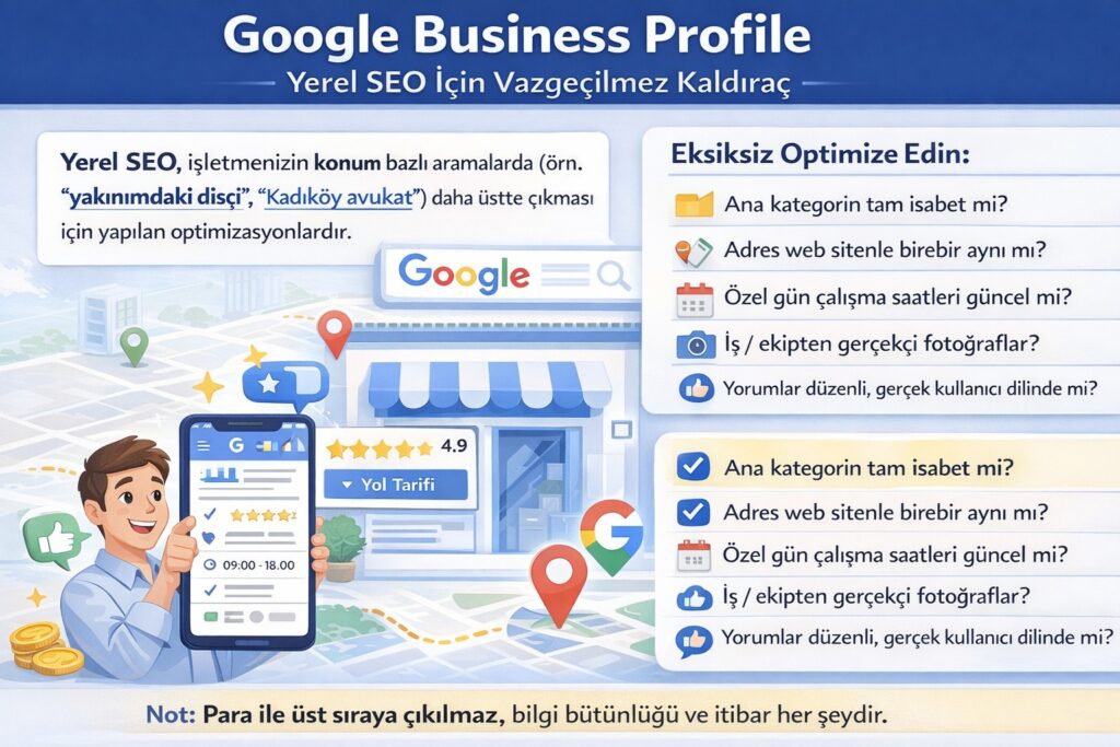 Google Business Profile yatay infografik: ana kategori seçimi, adres–telefon tutarlılığı, çalışma saatleri, fotoğraf yönetimi ve yorum optimizasyonu adımları