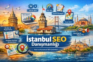 İstanbul SEO danışmanlığı yatay banner; Galata Kulesi ve Kız Kulesi görselli teknik SEO, içerik stratejisi, yerel SEO ve raporlama ikonları