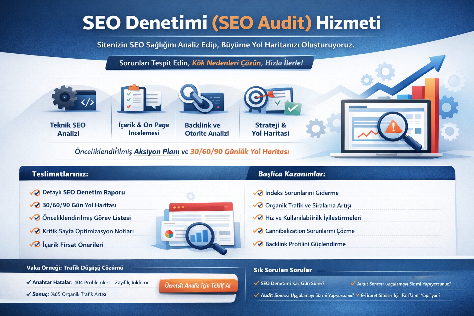 SEO denetimi hizmeti görseli: teknik SEO, içerik analizi, backlink analizi ve 30/60/90 günlük yol haritası