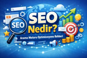 SEO nedir görseli: arama motoru optimizasyonu, hedef ve yükselen grafik illüstrasyonu
