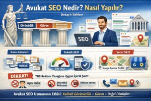 Avukat SEO nedir ve nasıl yapılır? Görünürlük, güven, mevzuata uygunluk; konu kümeleri, teknik SEO ve yerel SEO adımlarını özetleyen yatay infografik.