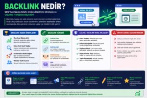 Backlink nedir ve ne işe yarar konusunu anlatan SEO odaklı yatay infografik görseli